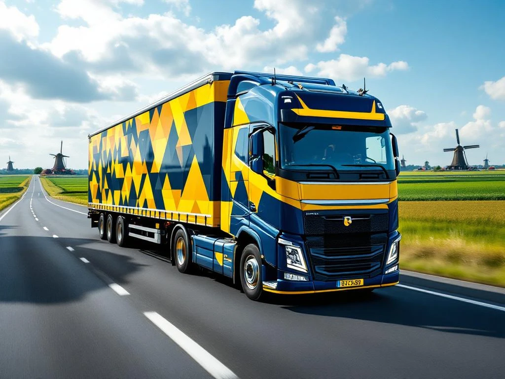 Vrachtwagen met marineblauw en geel geometrisch patroon rijdt door Nederlands landschap met windmolens en groene velden