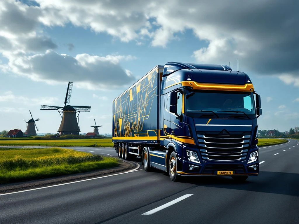 Moderne vrachtwagen met marineblauw en geel trailer rijdt door Nederlands landschap met windmolens en groene velden