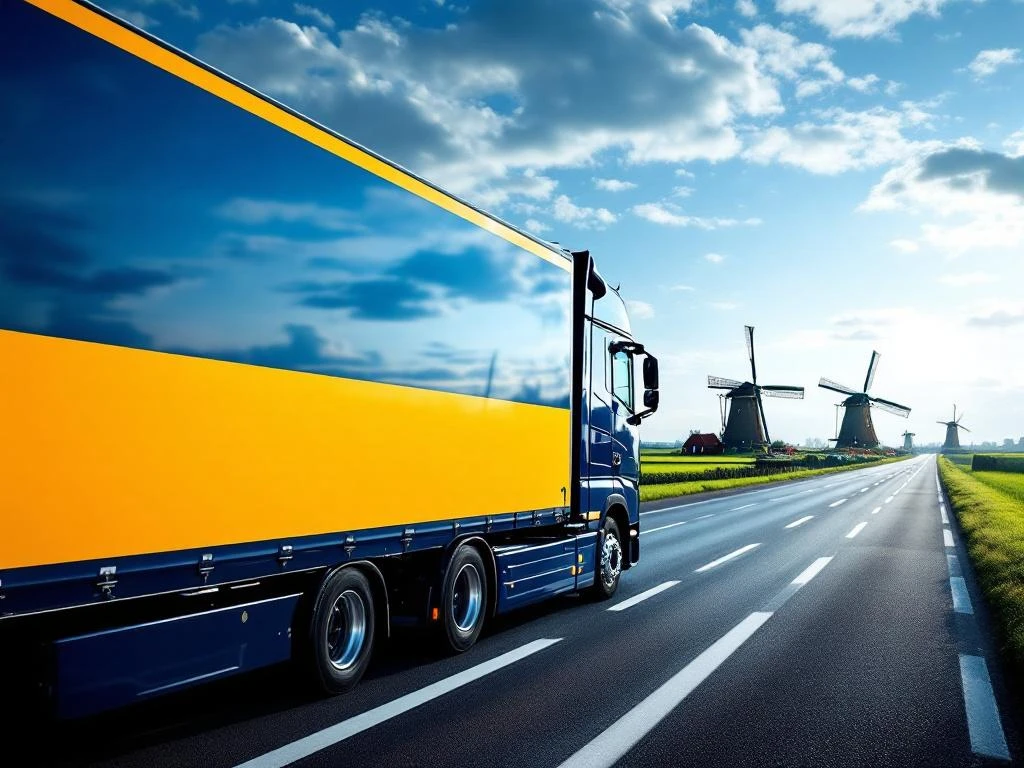 Moderne blauw-gele vrachtwagen rijdt door Nederlands landschap met molens en groene velden langs snelweg