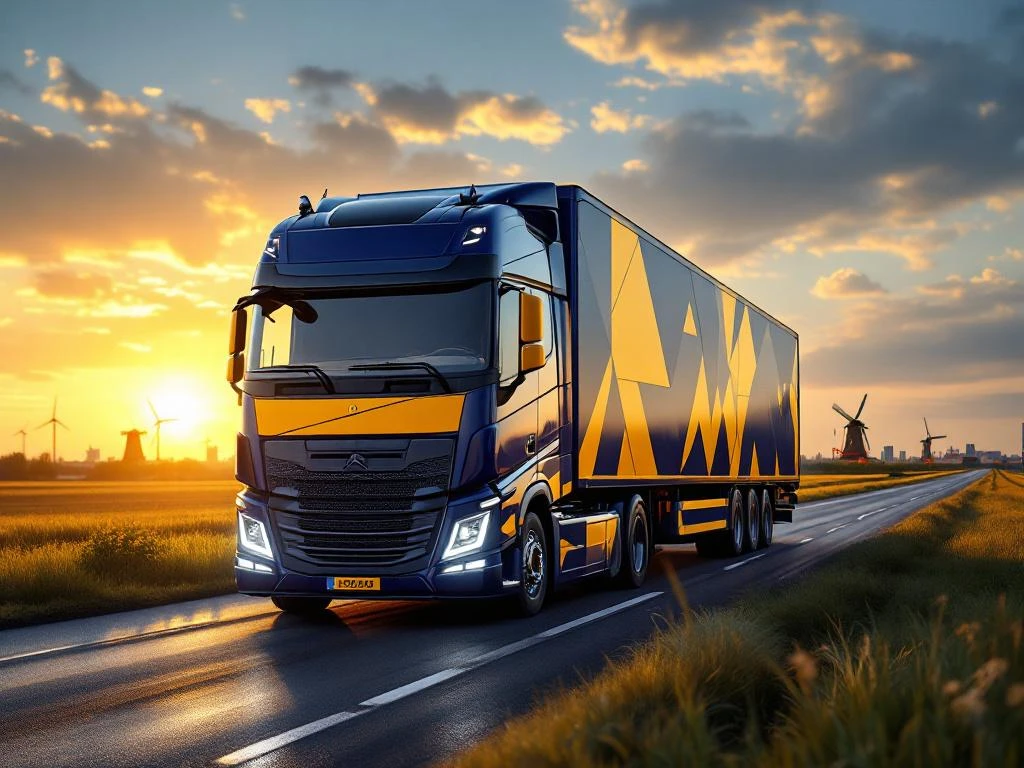 Moderne Europese vrachtwagen met marineblauw en geel trailer rijdt door Nederlands landschap met Rotterdam skyline