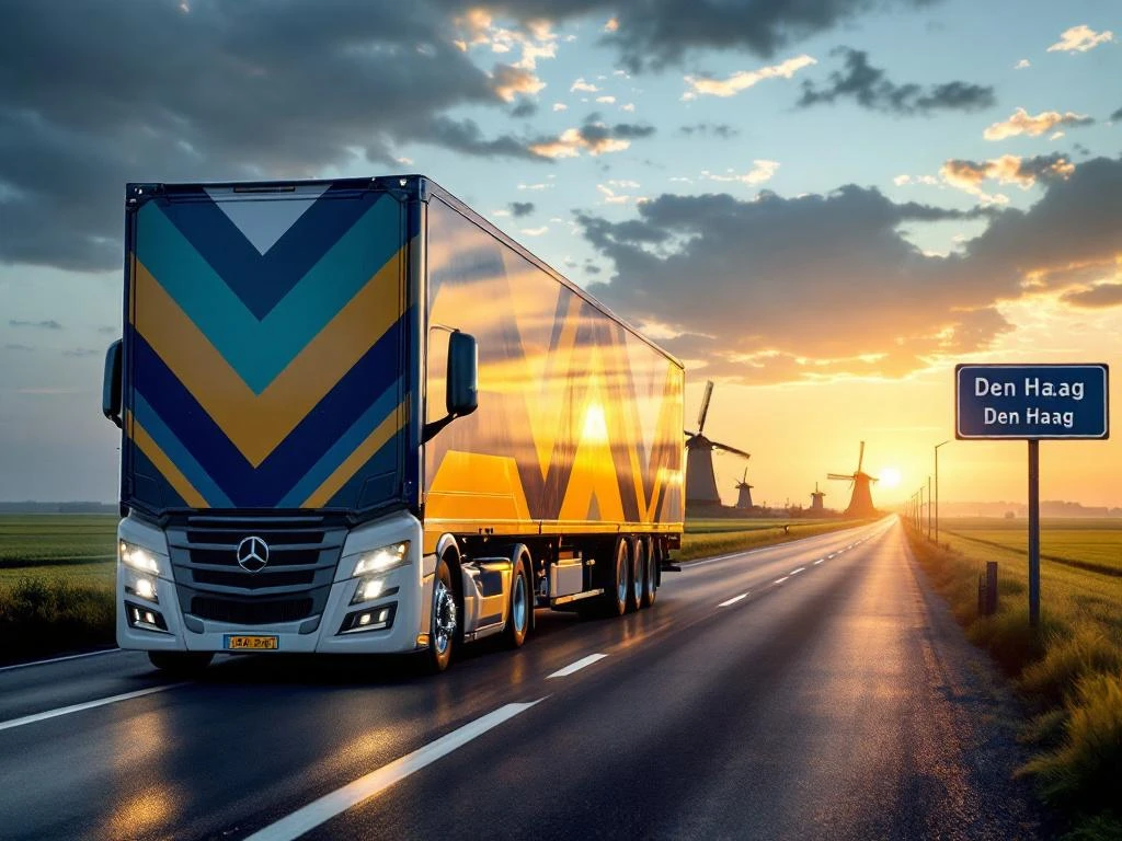 Witte vrachtwagen met blauwe en gele strepen rijdt op Nederlandse snelweg richting Den Haag met windmolens op achtergrond