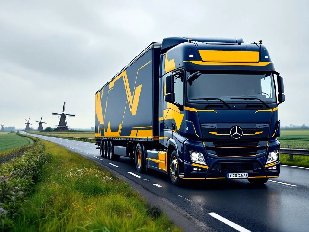 Moderne vrachtwagen met marineblauw en geel trailer rijdt over Nederlandse snelweg door landschap met windmolens