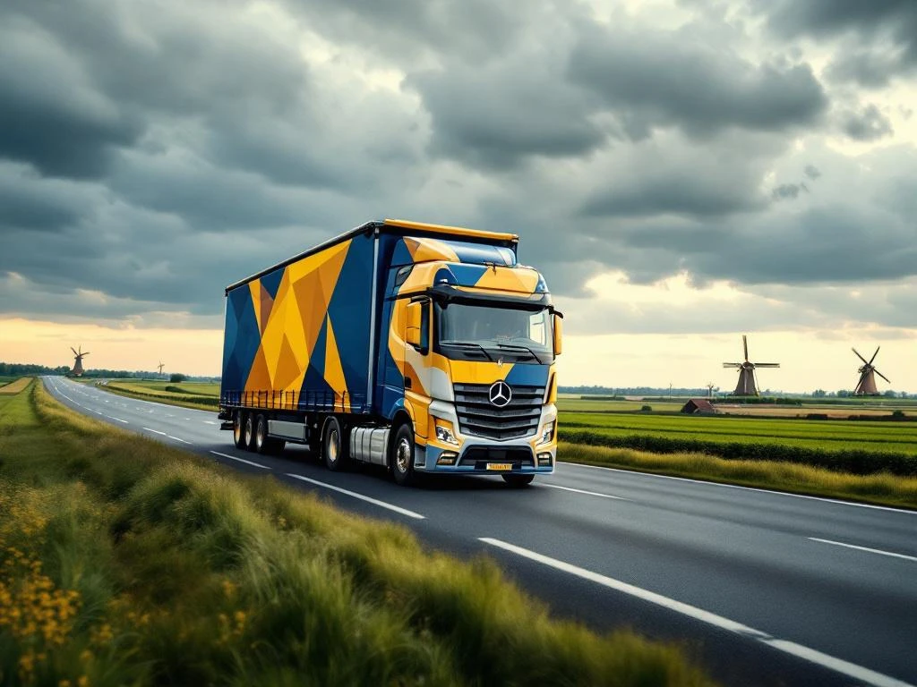 Moderne vrachtwagen met marineblauw en geel trailer rijdt over Nederlandse snelweg door landschap met windmolens