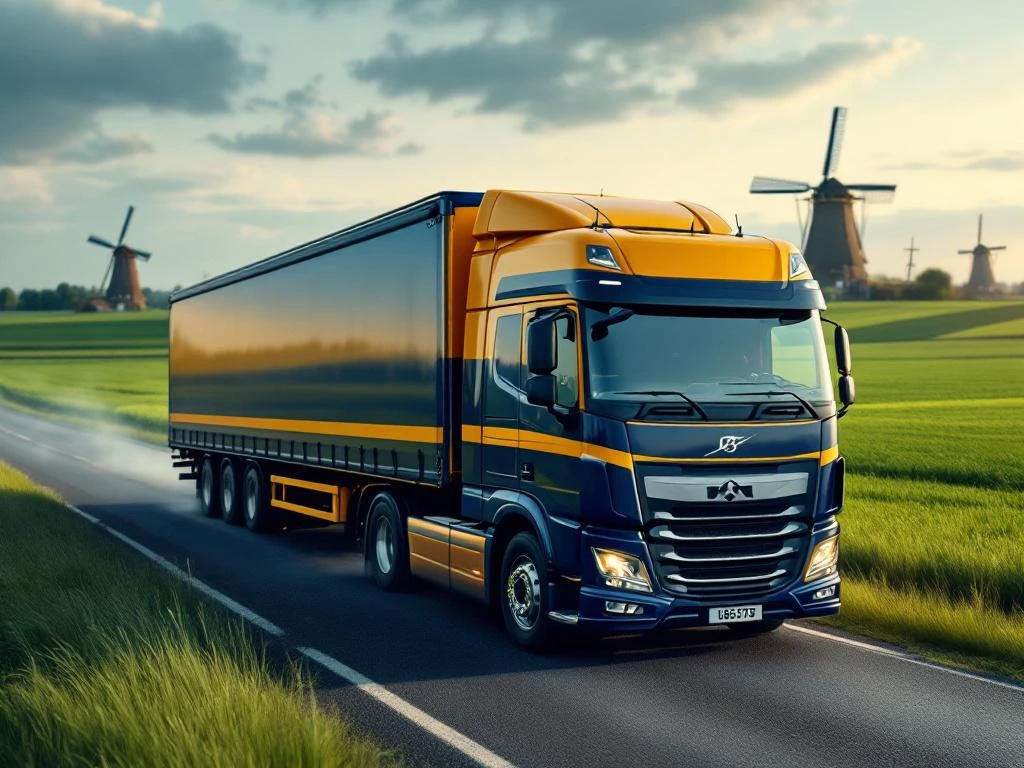 Vrachtwagen met marineblauw en geel trailer rijdt door Nederlands landschap met windmolens en groene velden