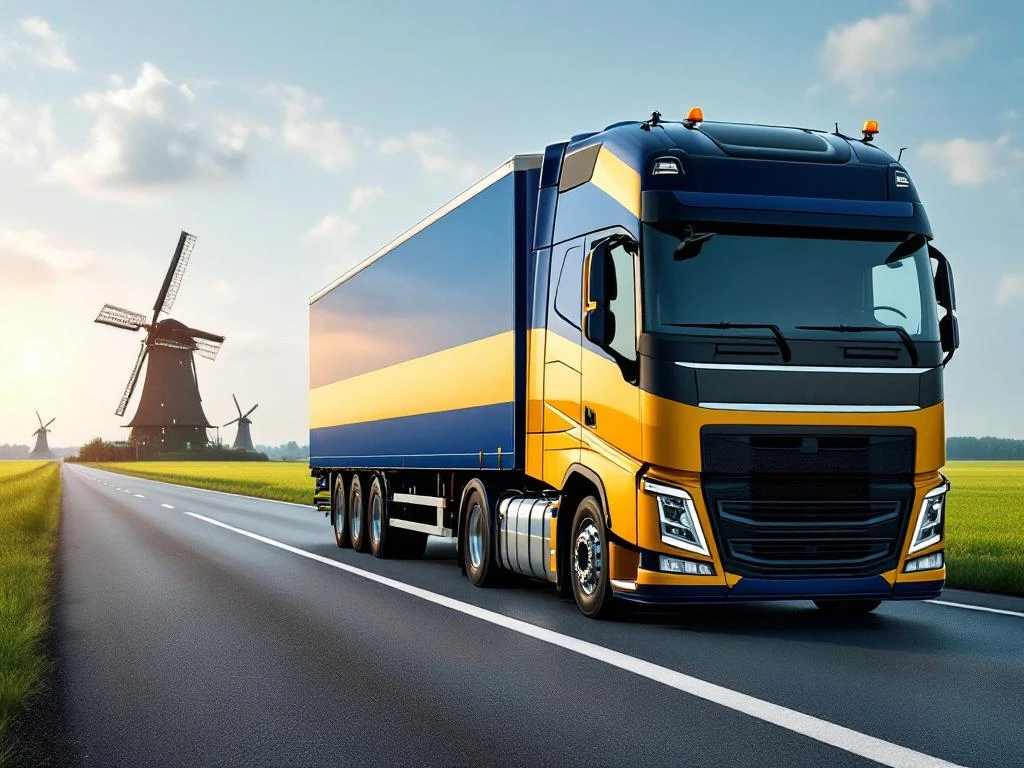 Moderne vrachtwagen met marineblauw en geel oplegger rijdt door Nederlands landschap met windmolens en groene velden