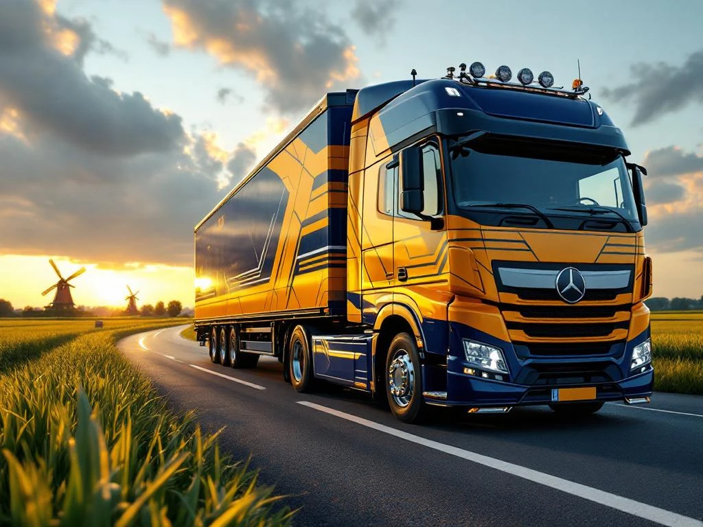 Moderne vrachtwagen met marineblauw en geel trailer rijdt door Nederlands landschap met windmolens en groene velden