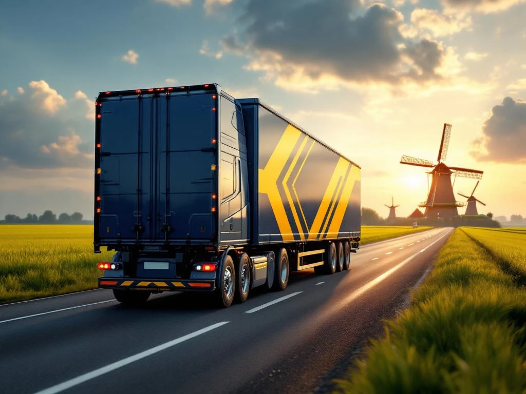 Vrachtwagen met marineblauw en goudgele trailer rijdt door Nederlands landschap met windmolens en groene velden