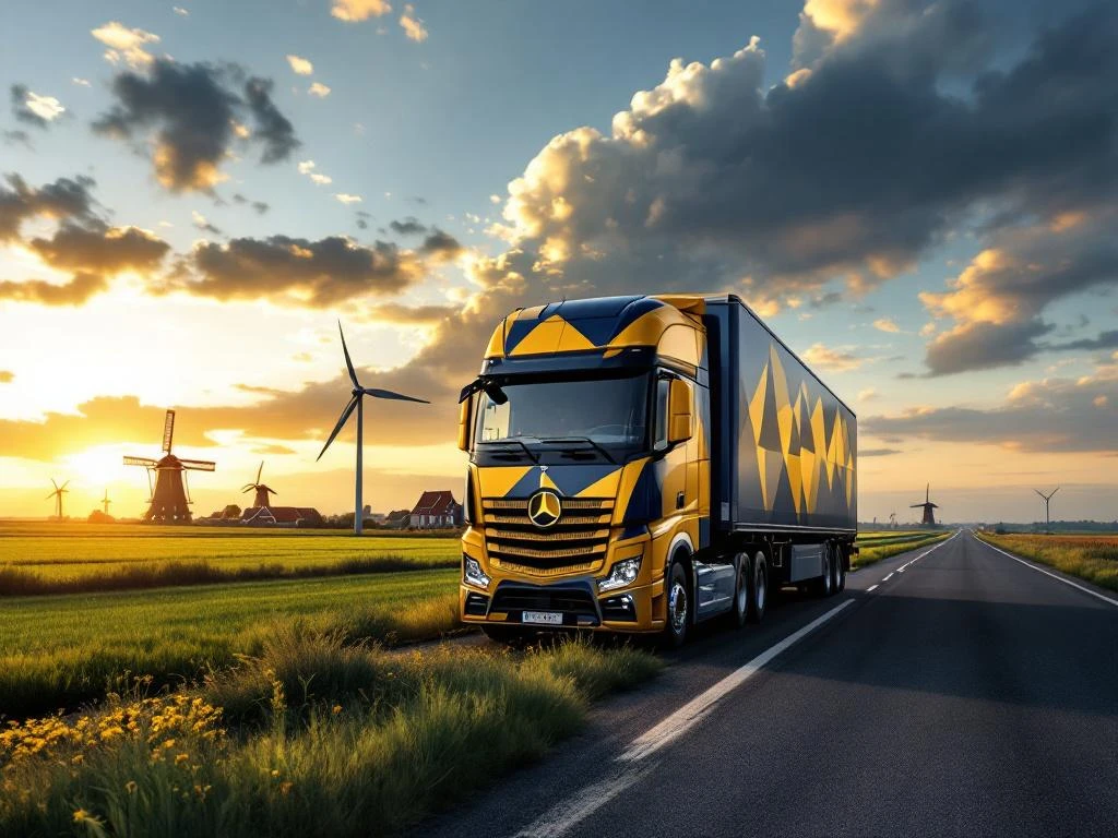 Moderne vrachtwagen met marineblauw en goudgeel oplegger rijdt door Nederlands landschap met windmolens bij zonsondergang