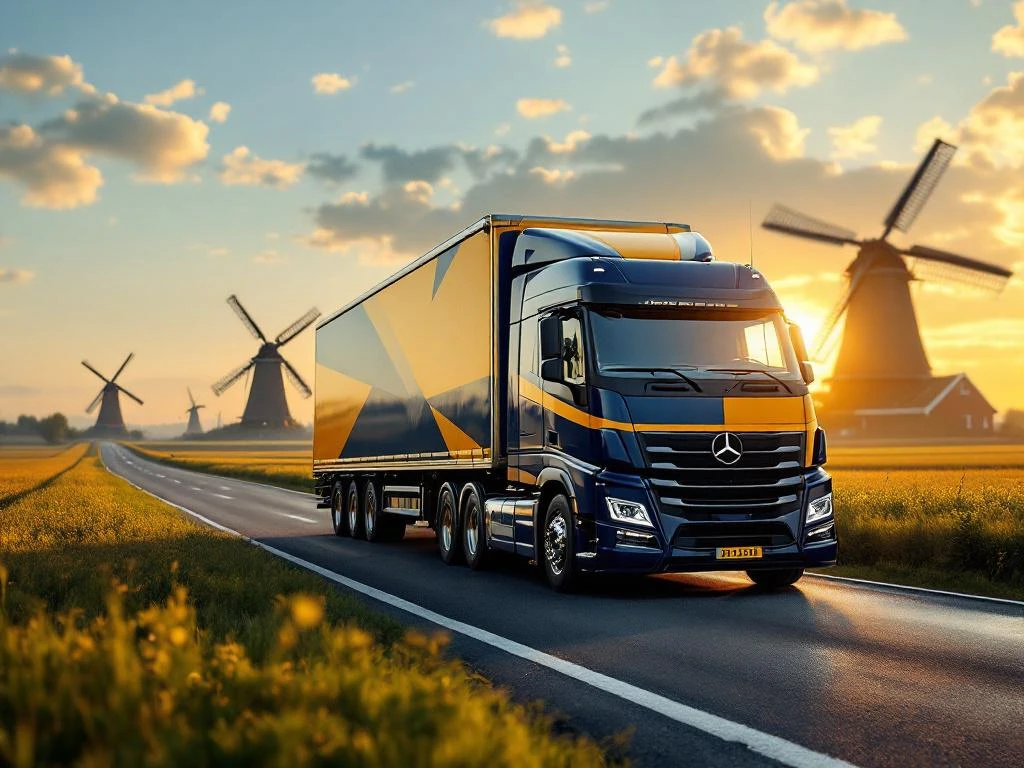 Vrachtwagen met marineblauw en geel gestreepte trailer rijdt door Nederlands landschap met windmolens op achtergrond
