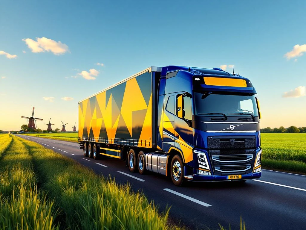 Moderne vrachtwagen met marineblauw en goudgeel oplegger rijdt door Nederlands landschap met windmolens en groene velden