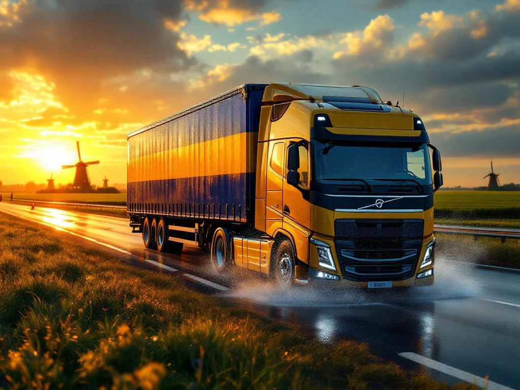 Moderne vrachtwagen met marineblauw en goudgeel trailer rijdt door Nederlands landschap met windmolens bij zonsondergang