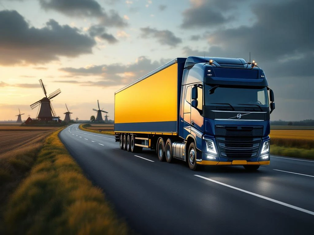 Moderne vrachtwagen met marineblauw en goudgeel trailer rijdt over Nederlandse snelweg met windmolens op achtergrond