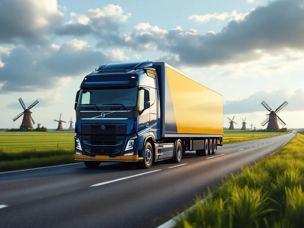 Vrachtwagen met marineblauw-gele trailer rijdt over Nederlandse snelweg door vlak landschap met windmolens