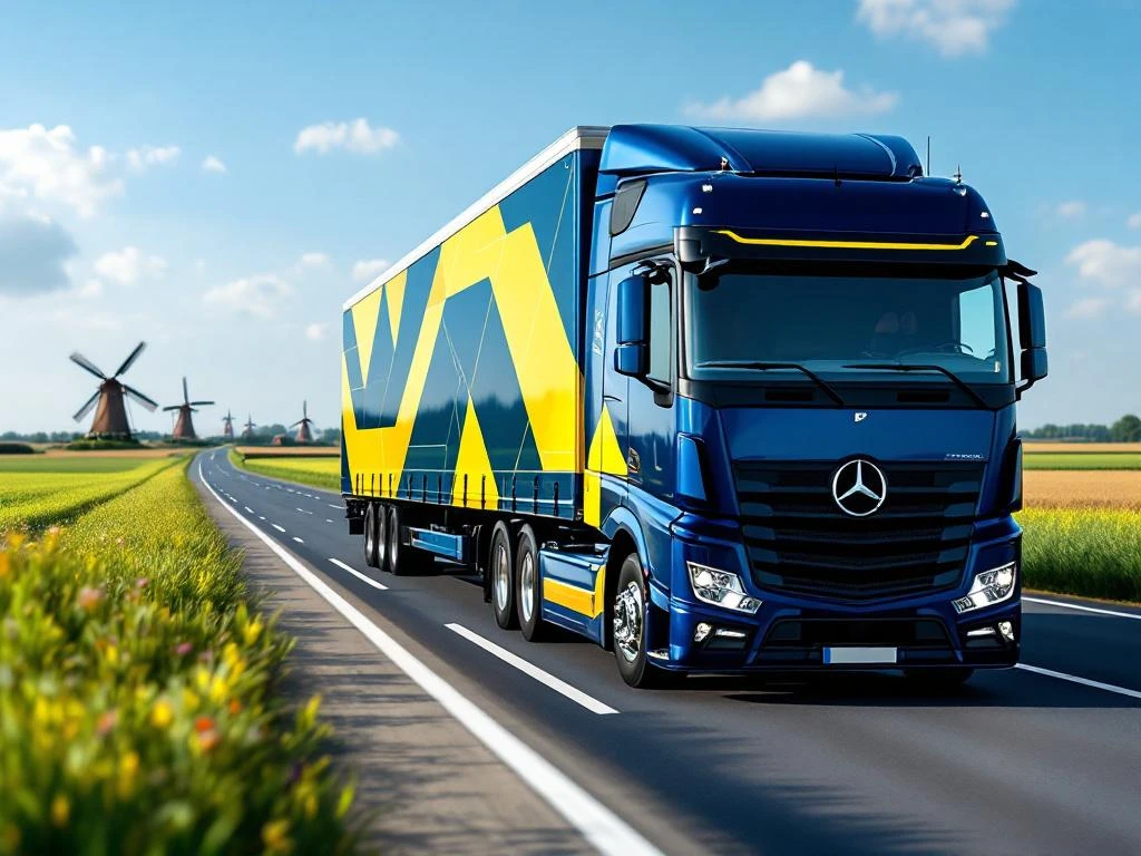 Glanzende vrachtwagen met marineblauw en geel trailer rijdt door Nederlands landschap met windmolens en groene velden