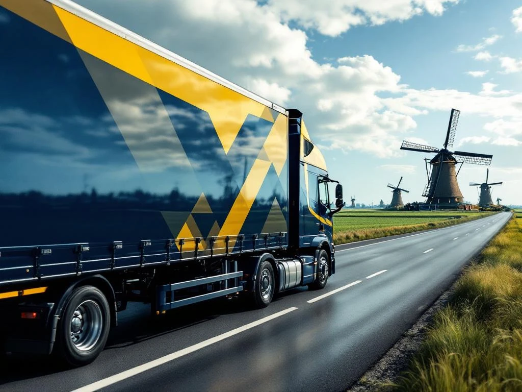 Vrachtwagen met marineblauw en goudgeel geometrisch ontwerp rijdt door Nederlands landschap met windmolens en groene velden