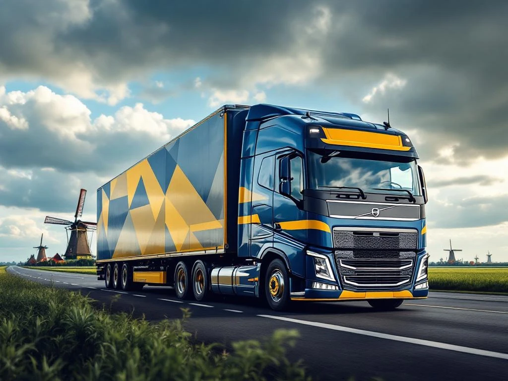 Moderne vrachtwagen met marineblauw en geel trailer rijdt door Nederlands landschap met windmolens en groene velden
