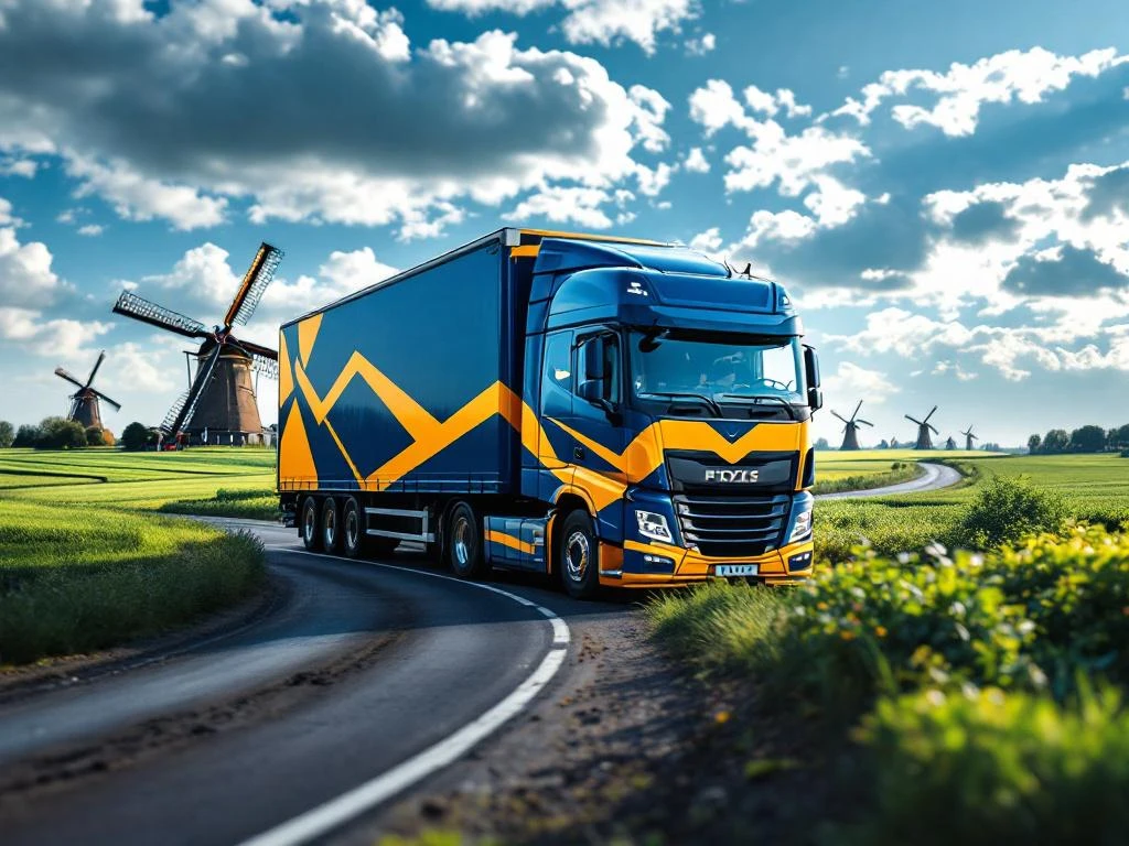 Vrachtwagen met marineblauw en geel trailer rijdt door Nederlands landschap met windmolens en groene velden