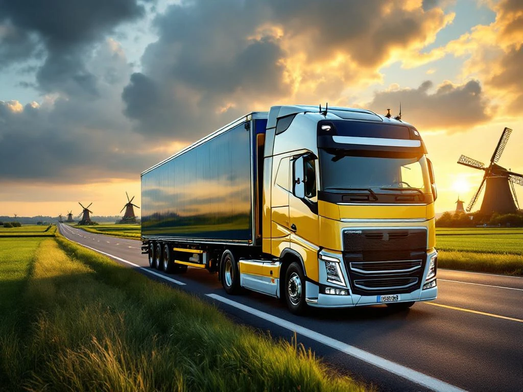 Witte vrachtwagen met marine-blauwe en gele trailer rijdt door Nederlands landschap met windmolens en groene velden