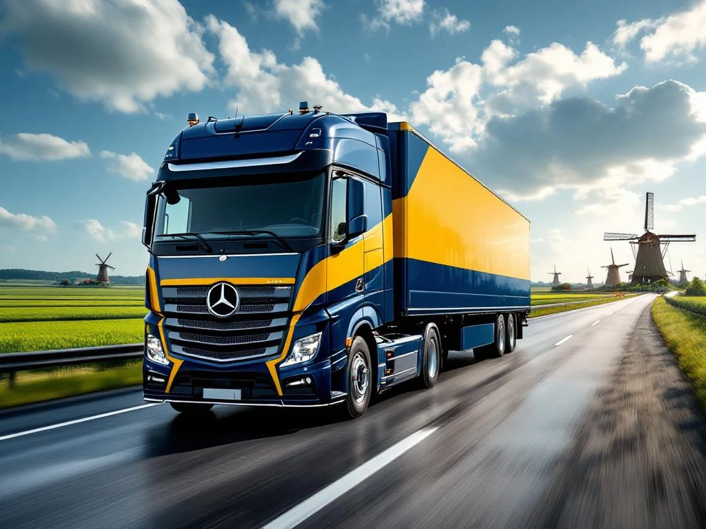 Schone vrachtwagen met marineblauw en goudgeel trailer rijdt door Nederlands landschap met windmolens en groene velden
