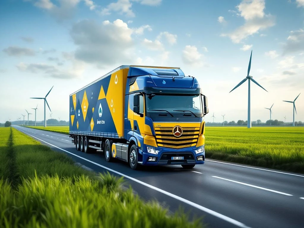 Moderne vrachtwagen met marineblauw en geel geometrisch ontwerp rijdt door Nederlands landschap met windmolens