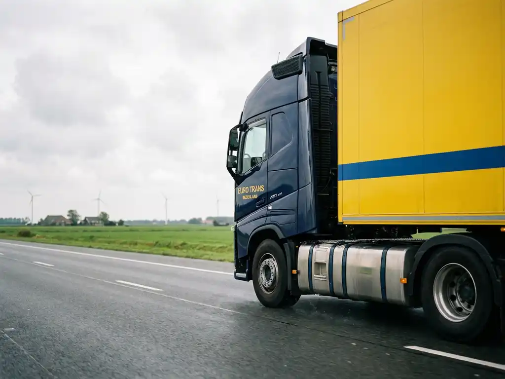 Moderne vrachtwagen met marineblauw-gele trailer rijdt over Nederlandse snelweg door groen landschap