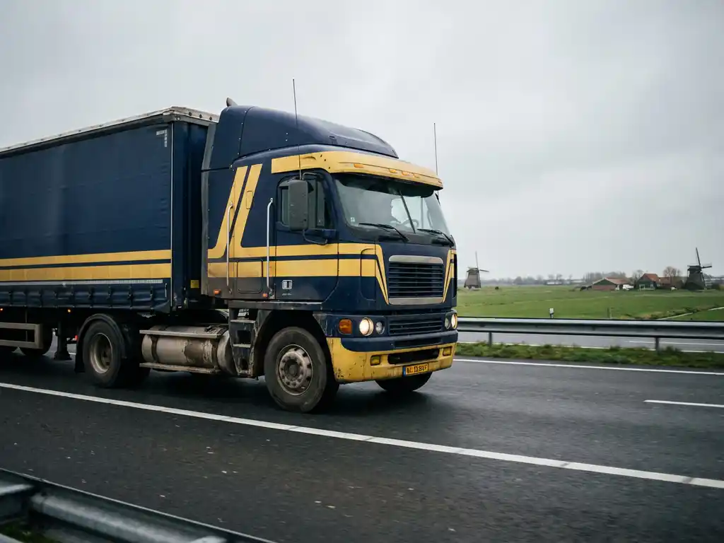Grote vrachtwagen met donkerblauwe trailer en gele strepen rijdt over Nederlandse snelweg met groene velden en windmolens