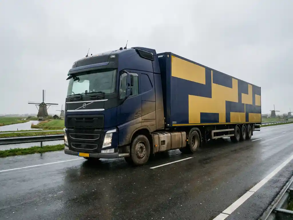 Vrachtwagen met marineblauw en geel trailer rijdt over Nederlandse snelweg met windmolens op achtergrond