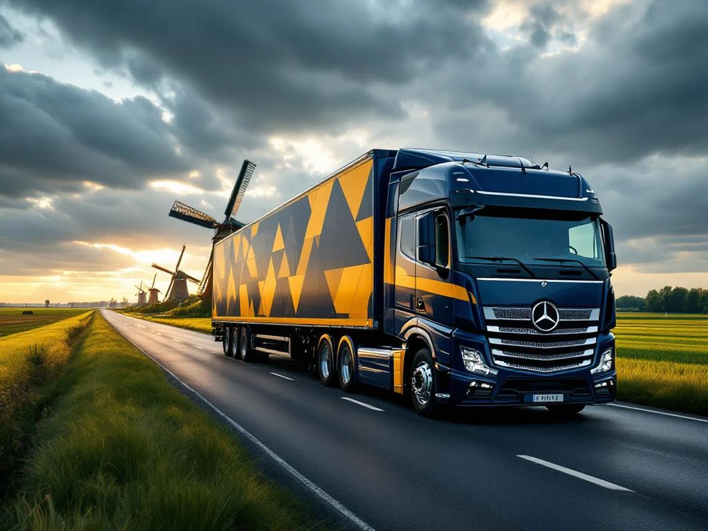 Moderne vrachtwagen met marineblauw en goudgeel trailer rijdt door Nederlands landschap met windmolens en groene velden