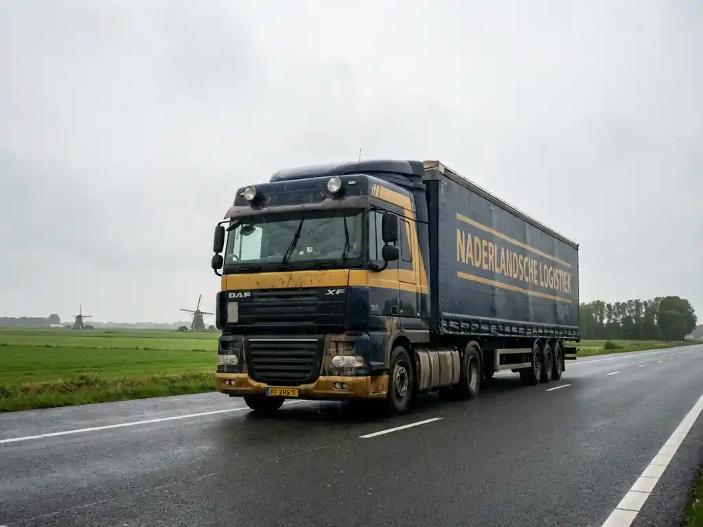 Grote vrachtwagen met marineblauw en geel oplegger rijdt over Nederlandse snelweg door vlak landschap met windmolens