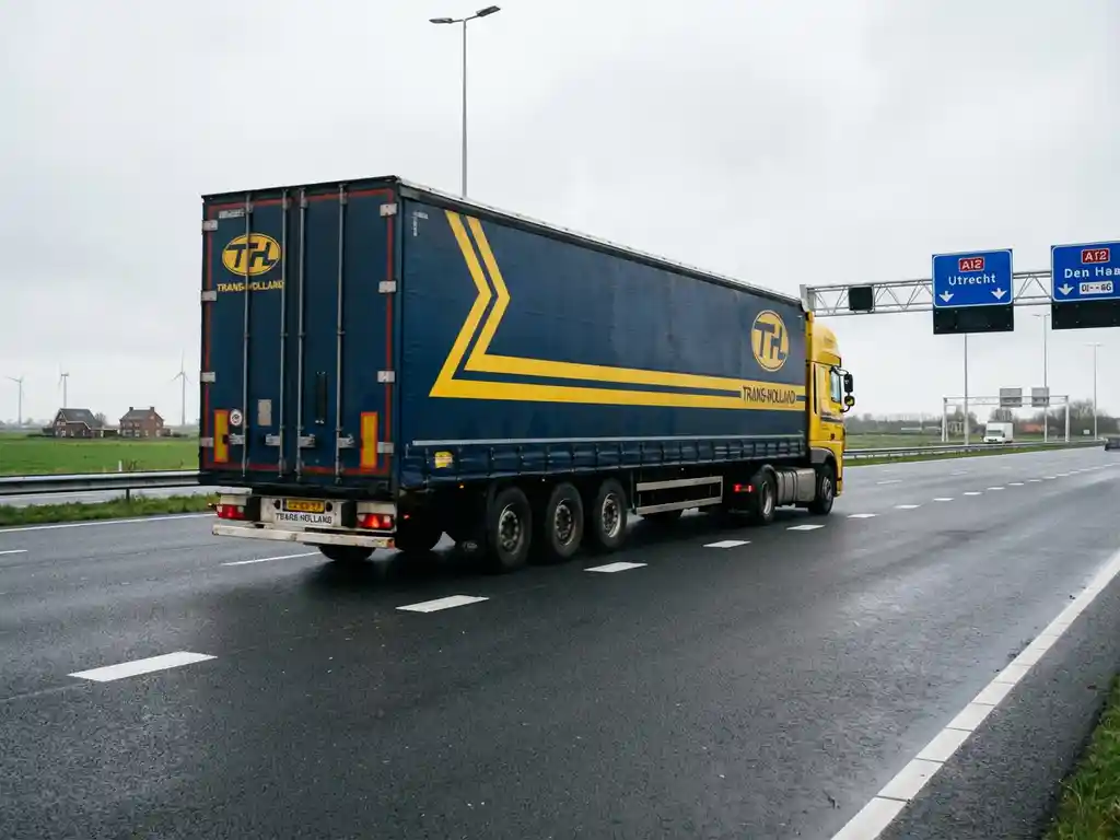Grote vrachtwagen met donkerblauwe trailer en gele accenten rijdt over Nederlandse snelweg door vlak landschap