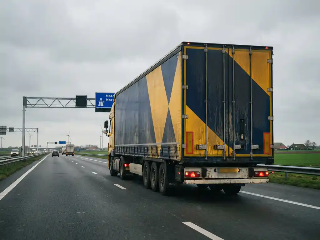 Grote vrachtwagen met marineblauw en goudgeel geometrisch patroon rijdt over Nederlandse snelweg door groene polders