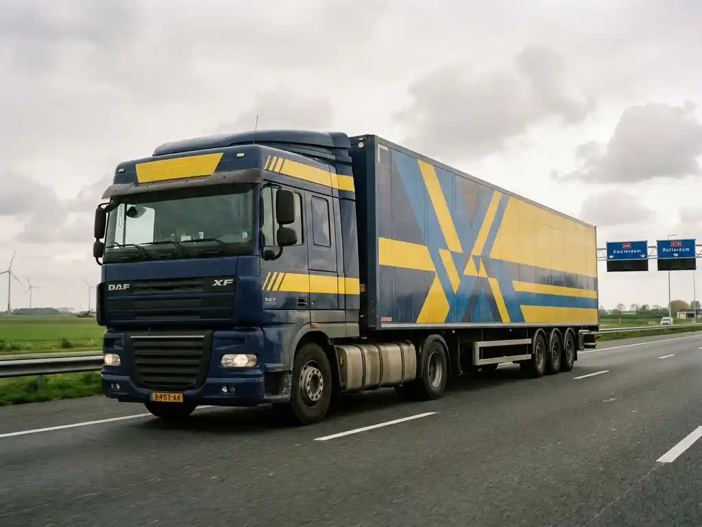 Grote vrachtwagen met donkerblauwe en gele trailer rijdt over Nederlandse snelweg door groen landschap
