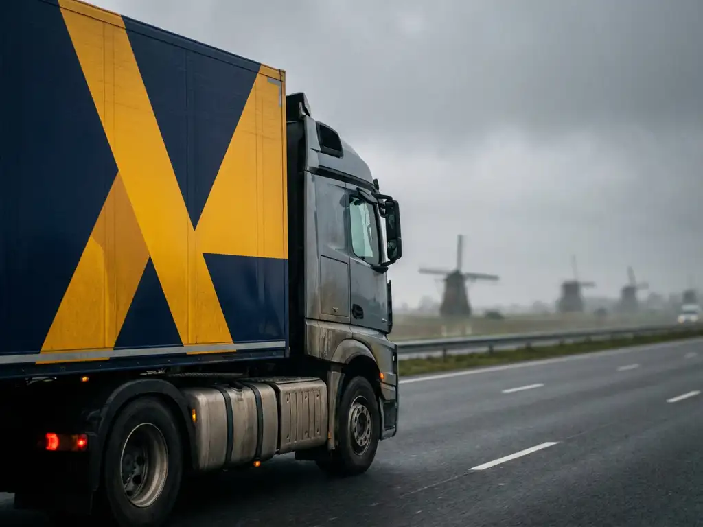 Grote vrachtwagen met donkerblauwe en gele trailer rijdt over Nederlandse snelweg met windmolens op achtergrond