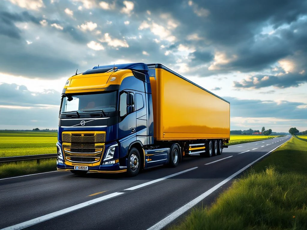 Vrachtwagen met donkerblauwe en goudgele trailer rijdt over Nederlandse snelweg door groene landschap
