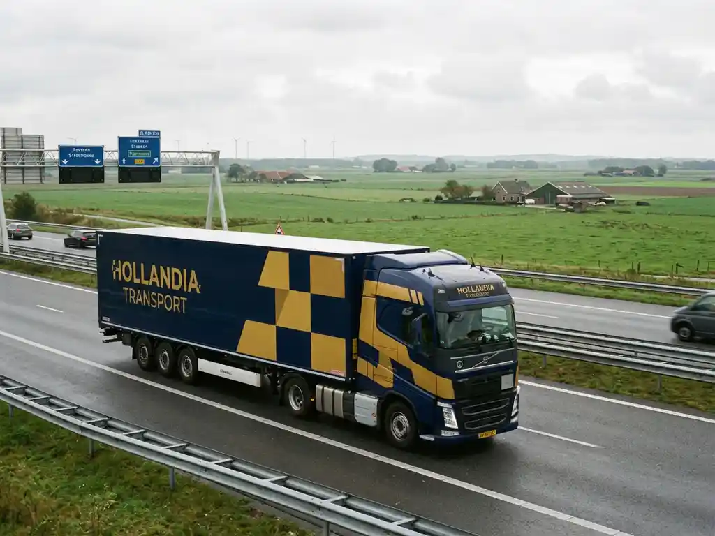 Vrachtwagen met marineblauw en goudgeel trailer rijdt over Nederlandse snelweg door groen landschap