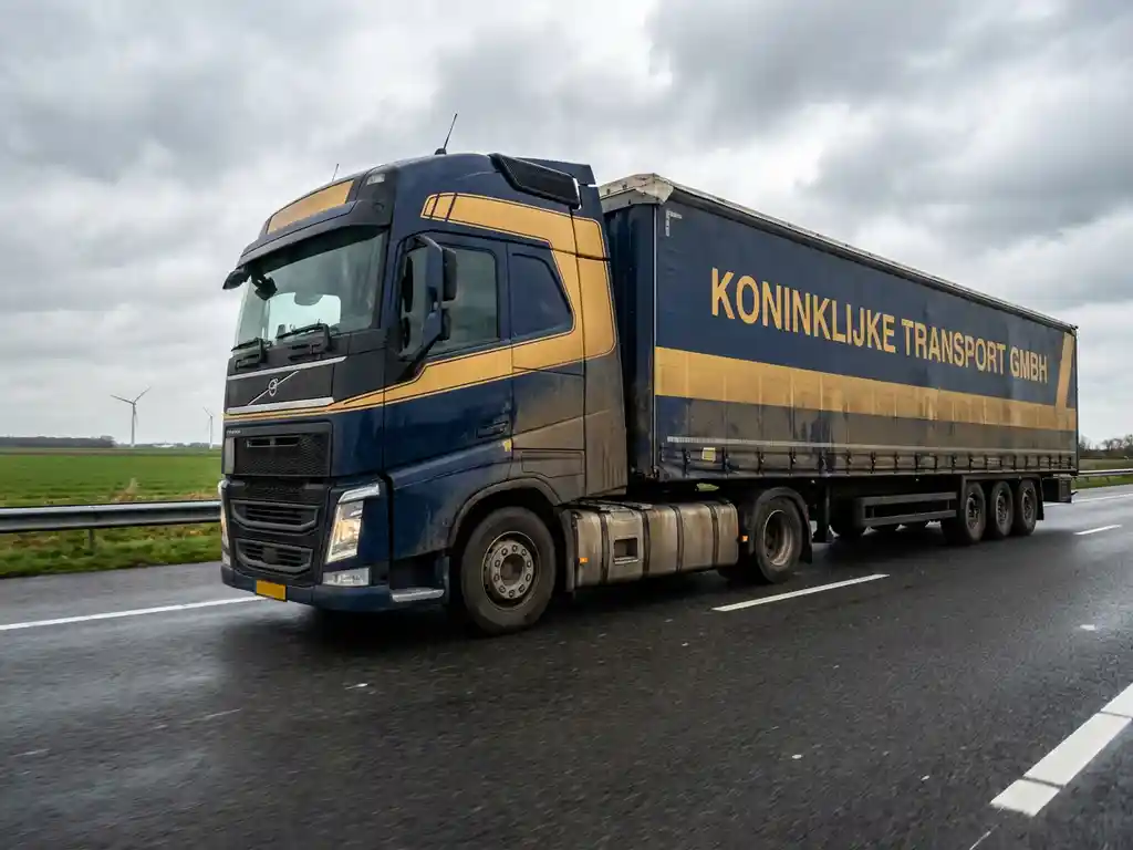 Grote vrachtwagen met donkerblauwe en gele bedrijfskleuren rijdt over Nederlandse snelweg door vlak landschap