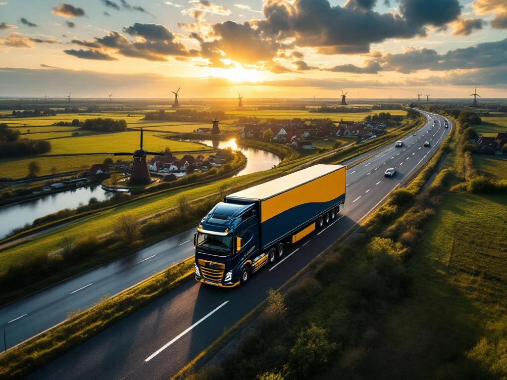 Moderne vrachtwagen met donkerblauwe en gele trailer rijdt over Nederlandse snelweg door polderlandschap met molens