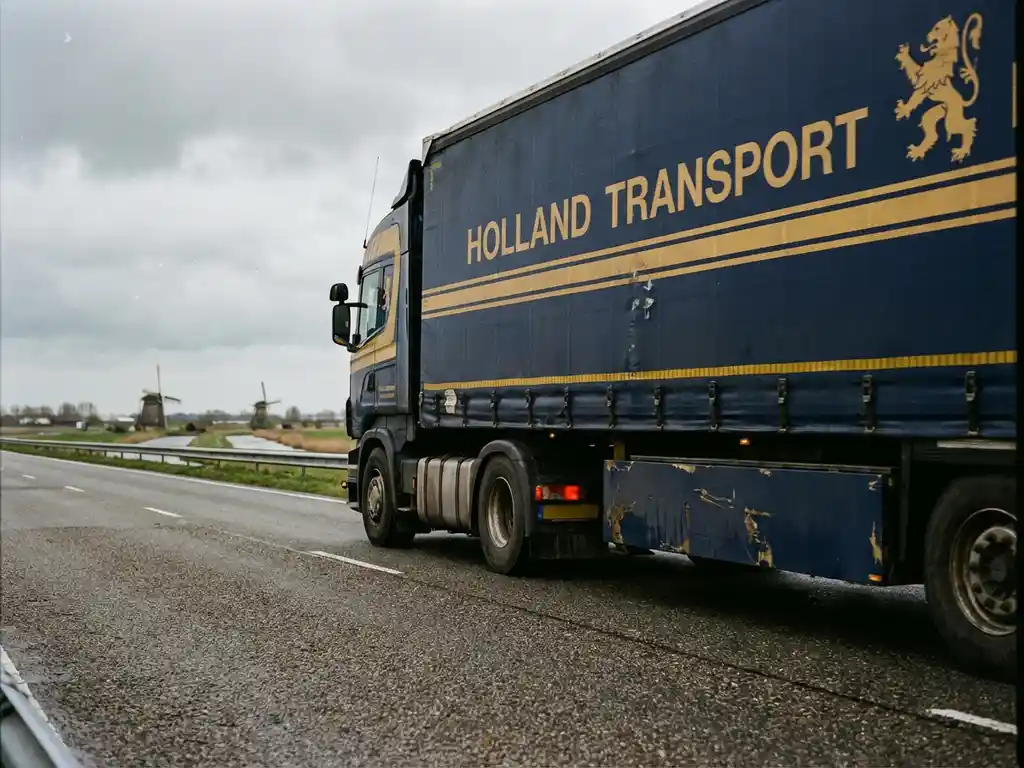 Grote vrachtwagen in marineblauw en geel rijdt over Nederlandse snelweg door polderland met windmolens op achtergrond