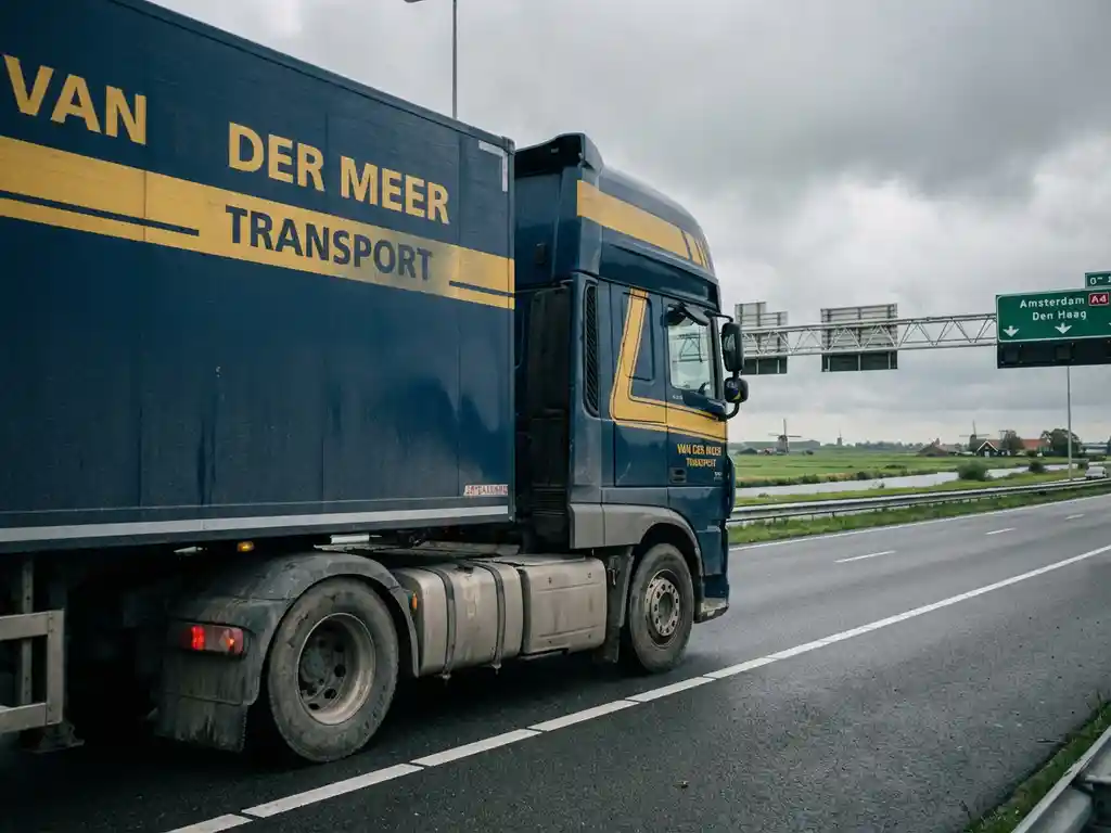 Vrachtwagen met marineblauw-gele trailer rijdt over Nederlandse snelweg door polderlandschap onder bewolkte lucht