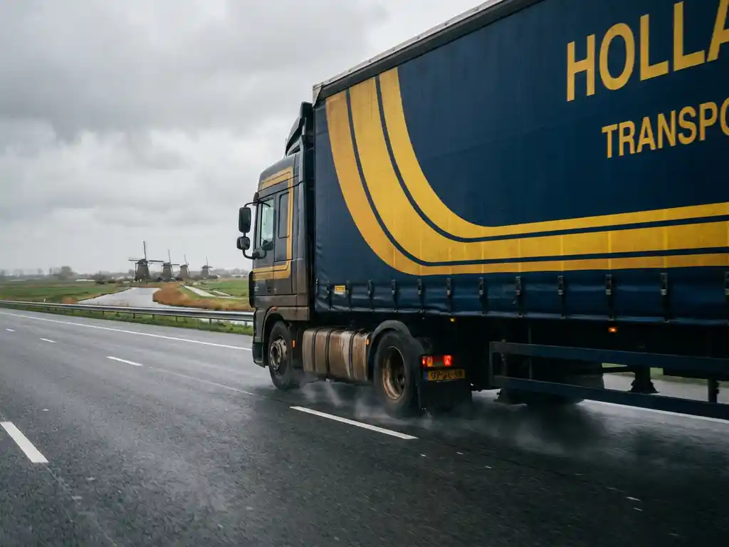 Grote vrachtwagen met donkerblauwe trailer en gele accenten rijdt over Nederlandse snelweg door polderlandschap met molens