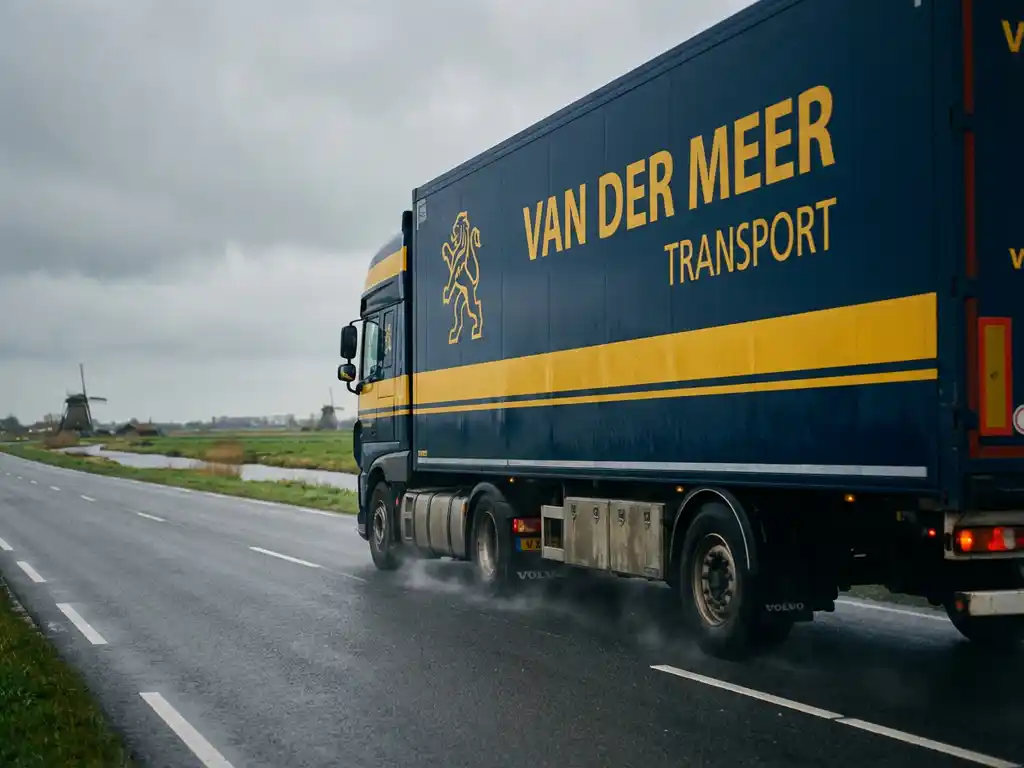 Grote vrachtwagen met donkerblauwe trailer en gele accenten rijdt over Nederlandse snelweg met polders en windmolens