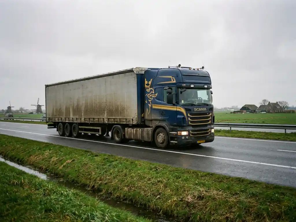 Grote vrachtwagen in marineblauw met gele accenten rijdt over Nederlandse snelweg door polderlandschap met windmolens
