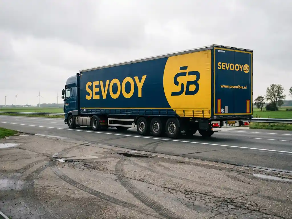 Grote vrachtwagen met donkerblauwe en gele huisstijl rijdt over Nederlandse snelweg door groen landschap