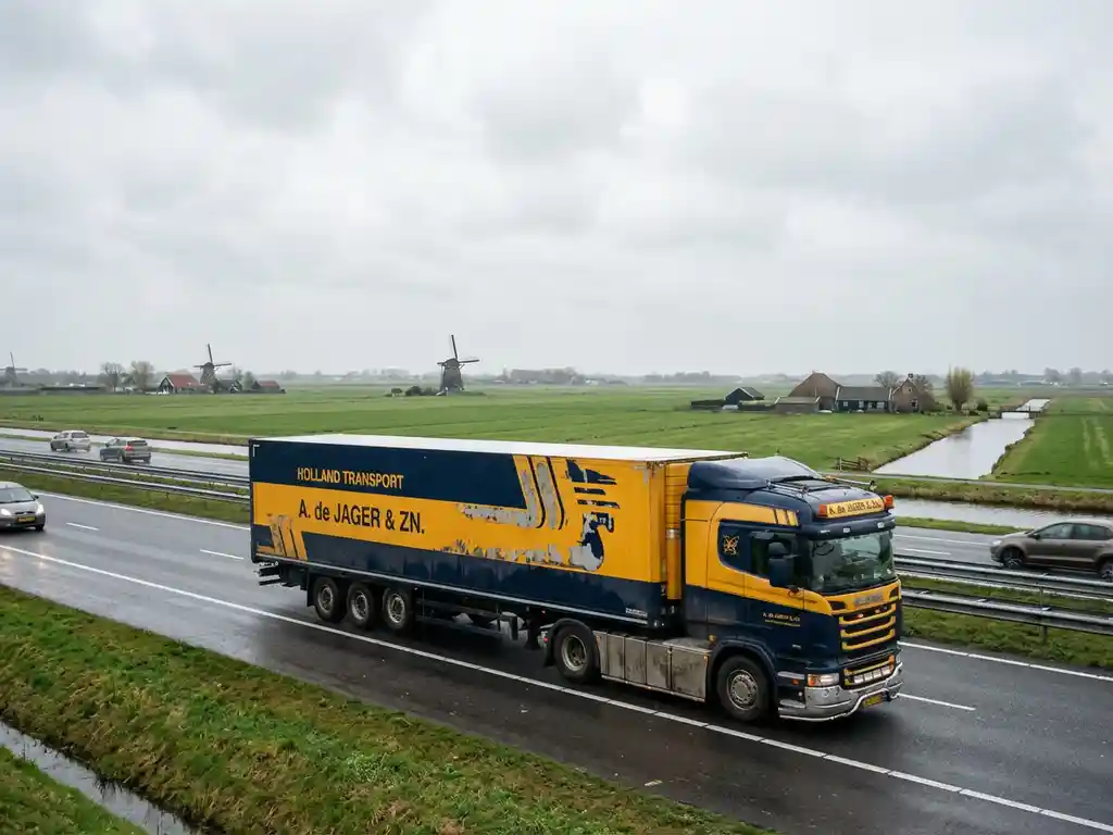 Grote vrachtwagen met donkerblauwe en goudgele trailer rijdt over Nederlandse snelweg door vlak landschap