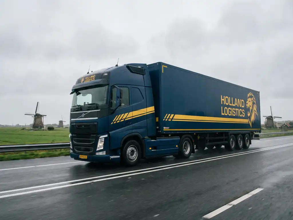 Grote vrachtwagen met donkerblauwe trailer en gele accenten rijdt over Nederlandse snelweg door vlak landschap