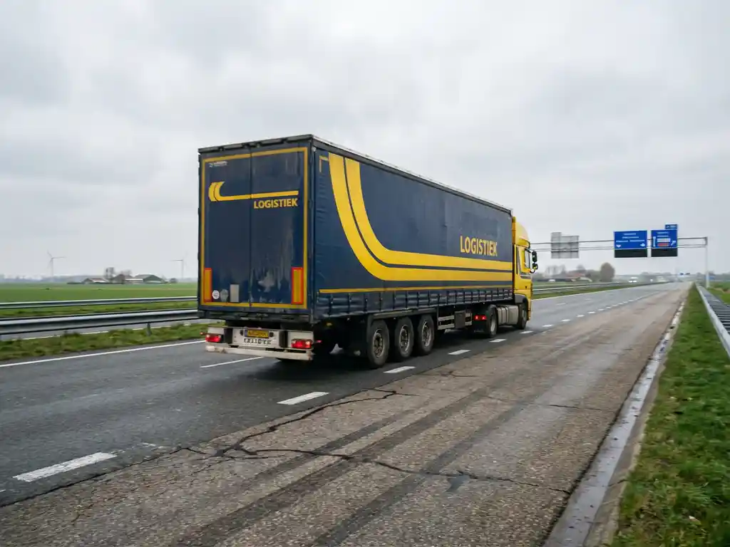 Grote vrachtwagen met donkerblauwe trailer en gele accenten rijdt over Nederlandse snelweg door vlak landschap