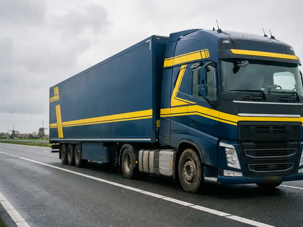 Grote commerciële vrachtwagen met donkerblauwe trailer en gele accenten rijdt over Nederlandse snelweg met groene velden
