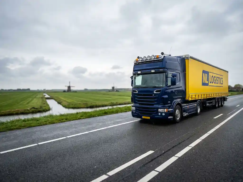 Vrachtwagen met marineblauw-gele trailer rijdt over Nederlandse snelweg tussen groene landbouwvelden en windmolens