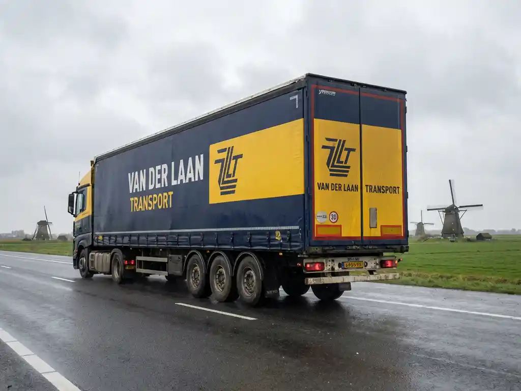Grote vrachtwagen in marineblauw en geel rijdt over Nederlandse snelweg met windmolens op de achtergrond