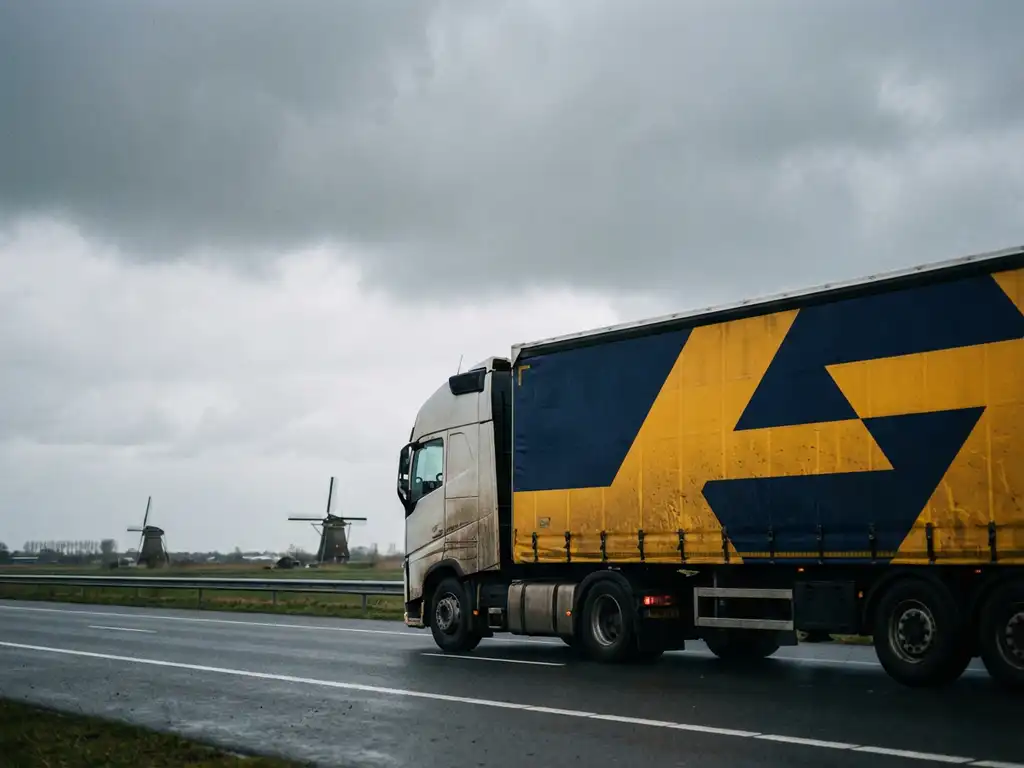Grote vrachtwagen met donkerblauwe en gele trailer rijdt over Nederlandse snelweg met windmolens op de achtergrond